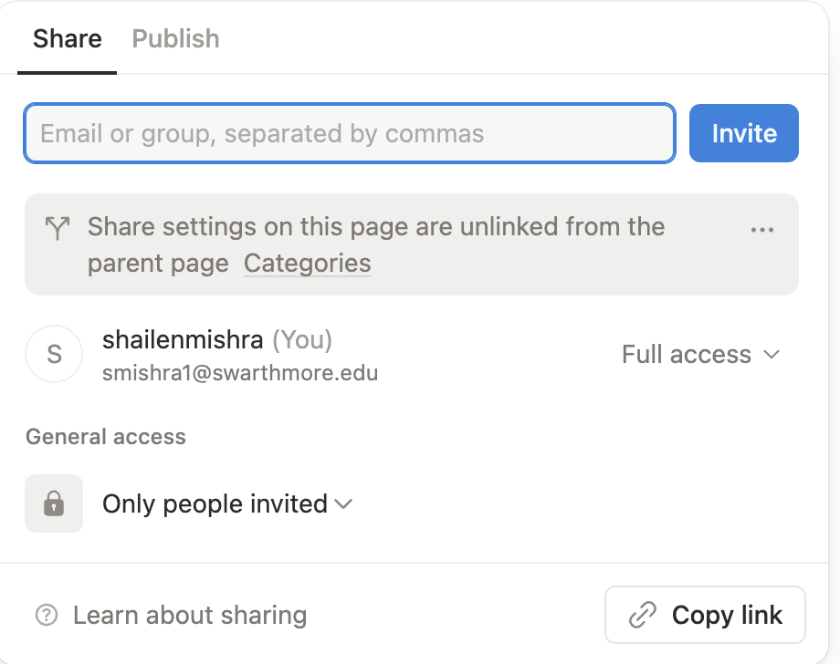 A screenshot of Notion's share & publish interface with "Copy link" as a button on bottom right
